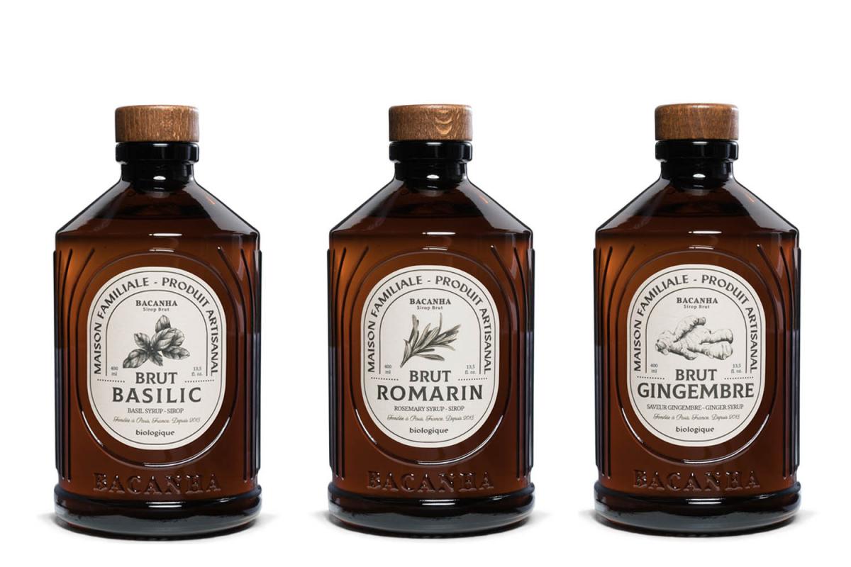 Bio-Sirup-Kollektion von Bacanha mit Basilikum-, Rosmarin- und Ingwer-Sirup