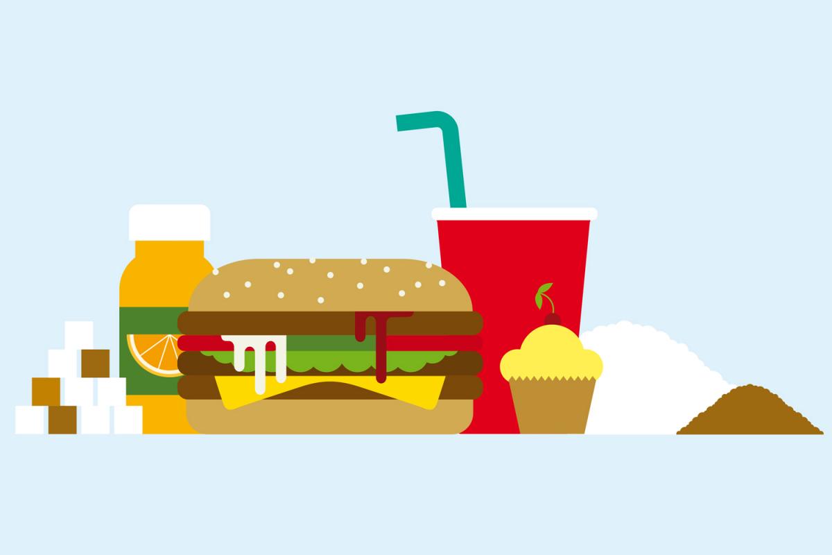 Illustration eines Berges an sehr zuckerreichen Lebensmitteln wie Orangensaft, Burger, Softdrinks und Muffins. Die Illustration ist von Rike Hofmann