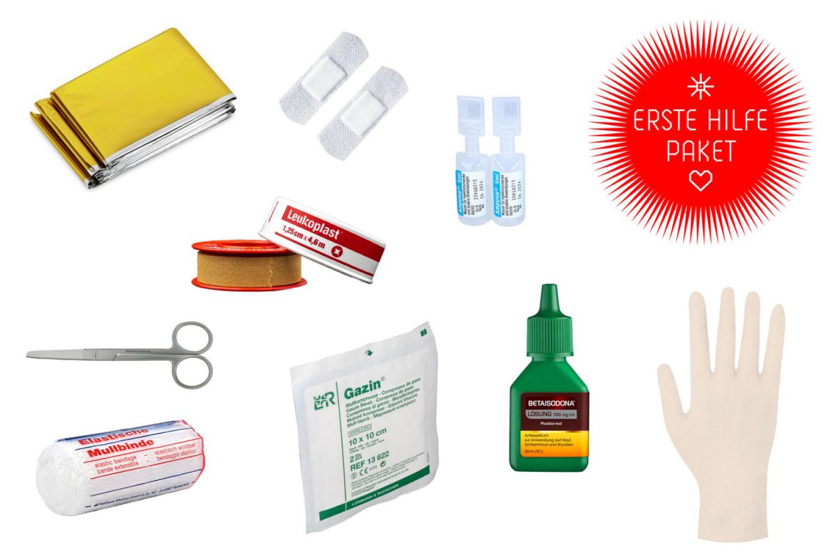 Collage von mehreren Erste Hilfe Utensilien im Erste-Hilfe-Paket der Marien Apotheke Wien