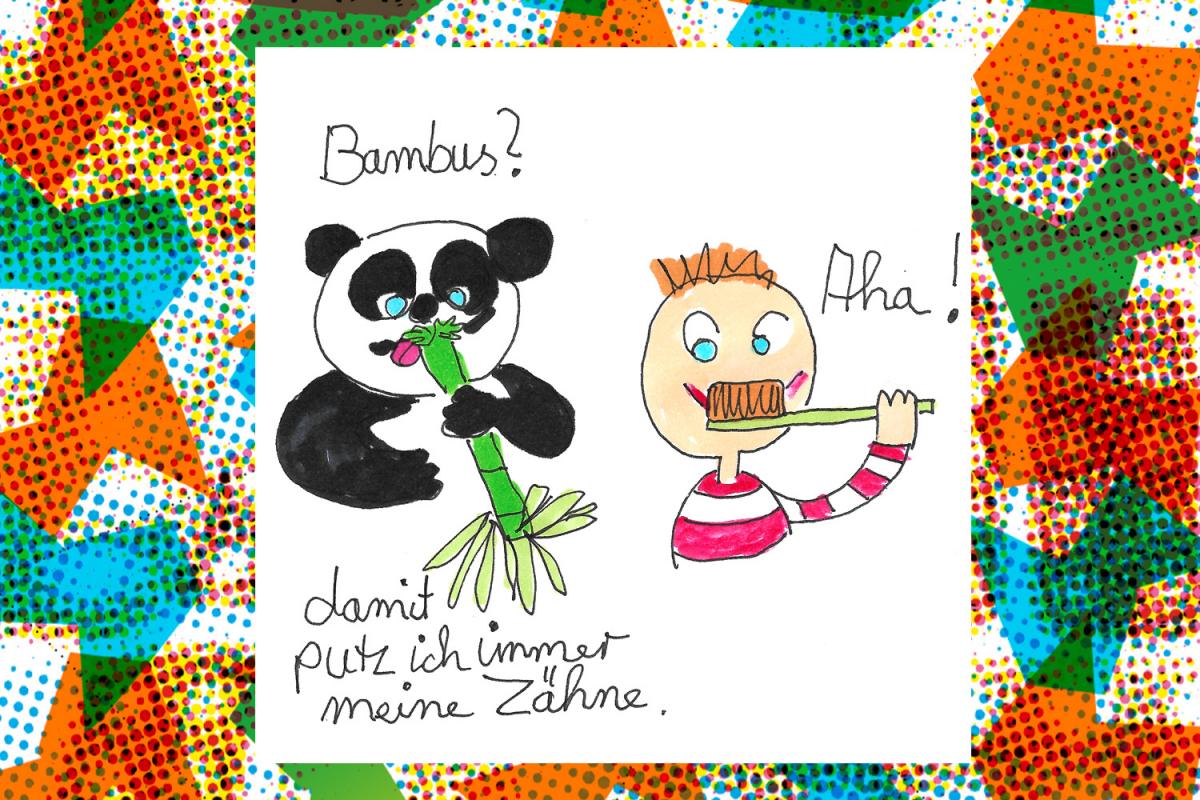 Humoristische Zeichnung eines Panda-Bären, der einen Bambusstab hält und sagt 