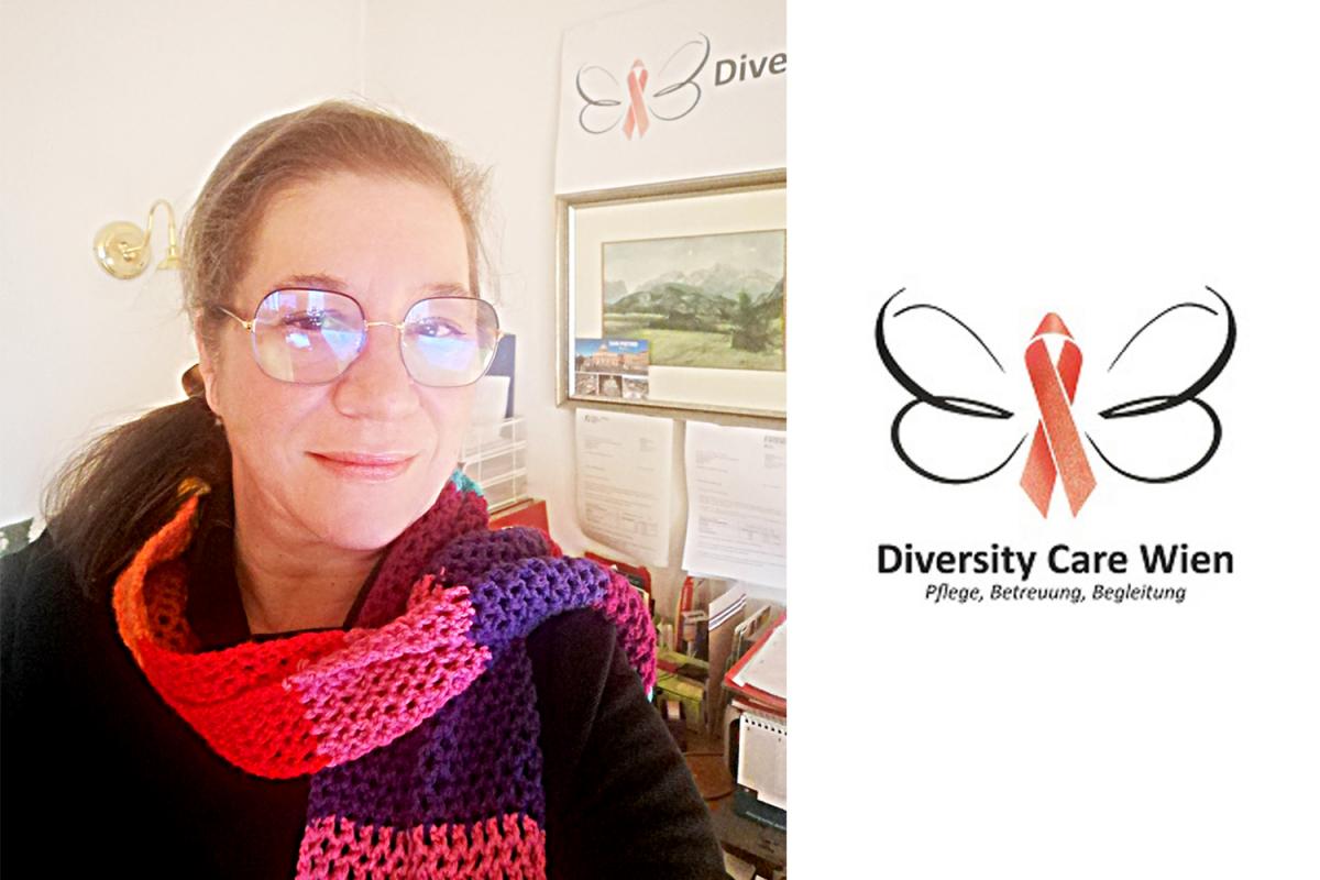 Bild von Beate Dannoritzer links und rechts das Logo des Vereins Diversity Care Wien