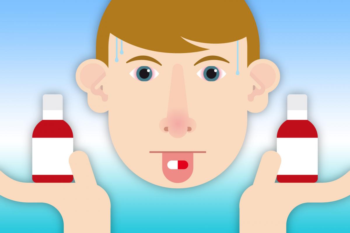 Illustration eines männlichen Gesichts, das die Zunge herausstreckt auf der eine Pille liegt. In der linken und rechten Hand sind jeweils eine Pillendose zu sehen. Die Illustration ist von Rike Hofmann